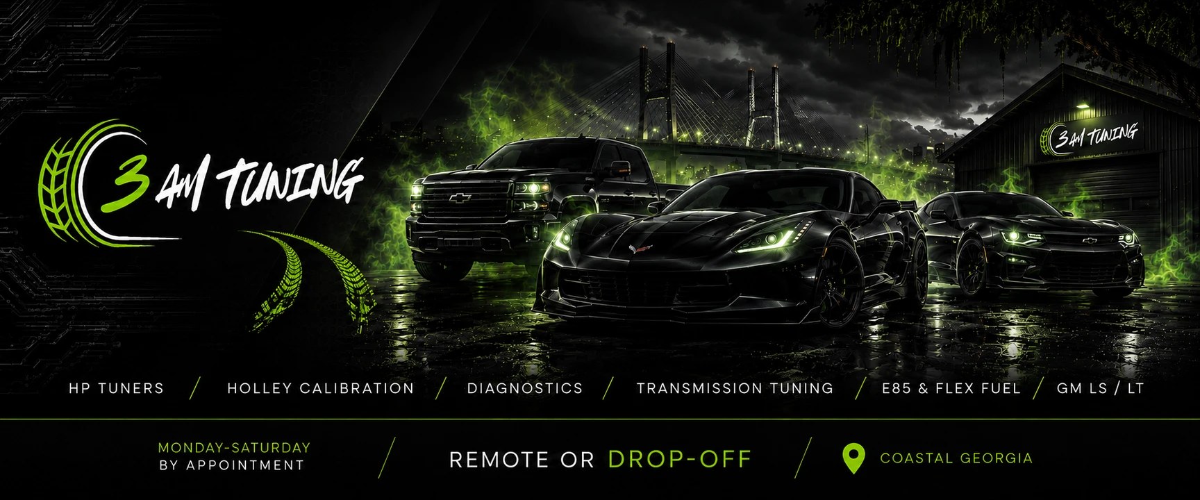 3AM Tuning — blacked-out GM truck, Corvette, and Camaro under green light. HP Tuners, Holley calibration, diagnostics, transmission tuning, E85 & flex fuel, GM LS/LT. Monday–Saturday by appointment. Remote or drop-off. Coastal Georgia.